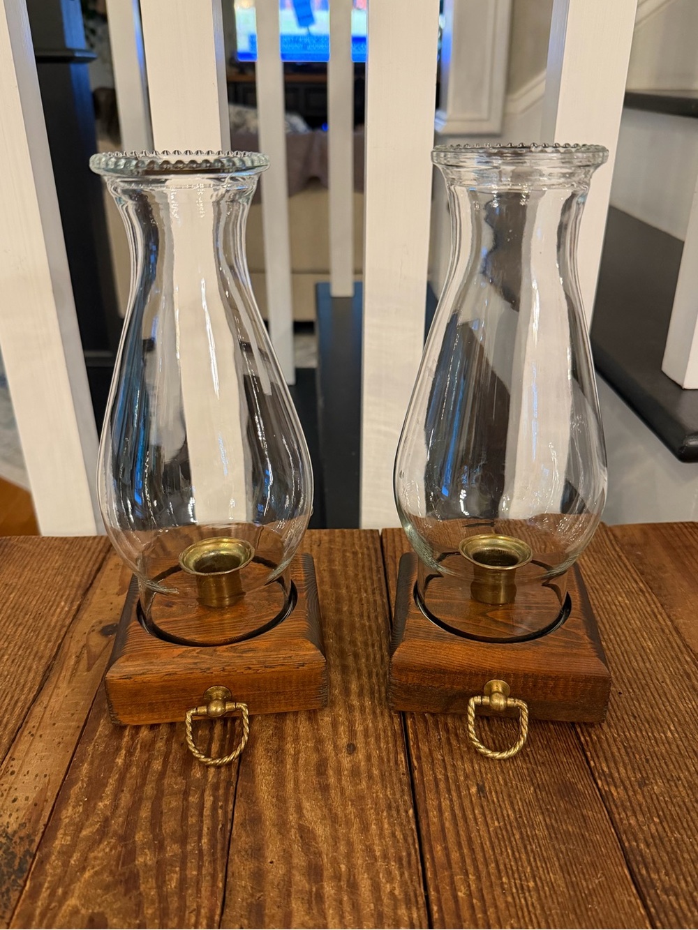 (2) vintage BOHO farmhouse wooden-base hurricane candle holders with clear glass